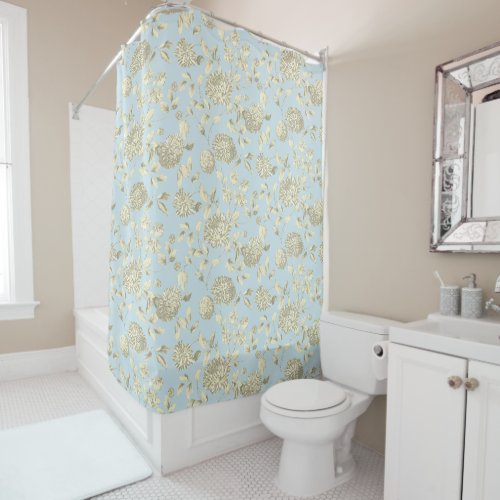 Cream Floral Toile On Blue Shower Curtain