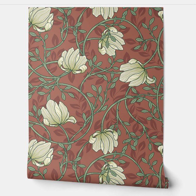 Cream Floral Vines on Red  Wallpaper (Unrolling)