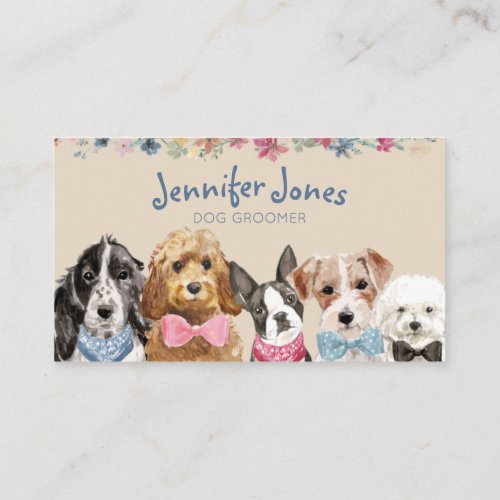 Cream Floral Watercolor Dog Breeds Dog Groomer  Business Card