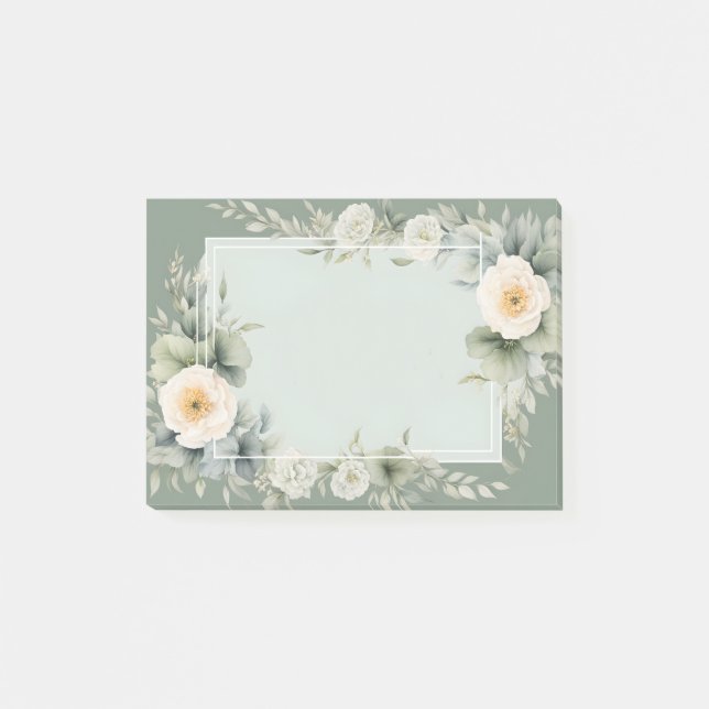 Cream Floral White Frame Sage Green Background Post-it Notes (Front)