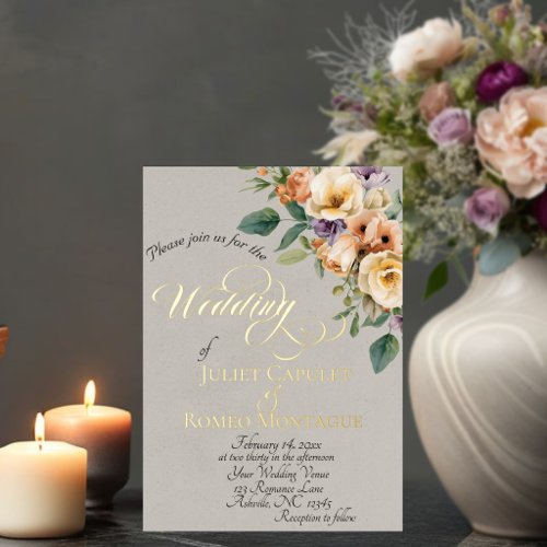 Cream Floral &amp; Wreath Monogram - Beige Foil Invitation