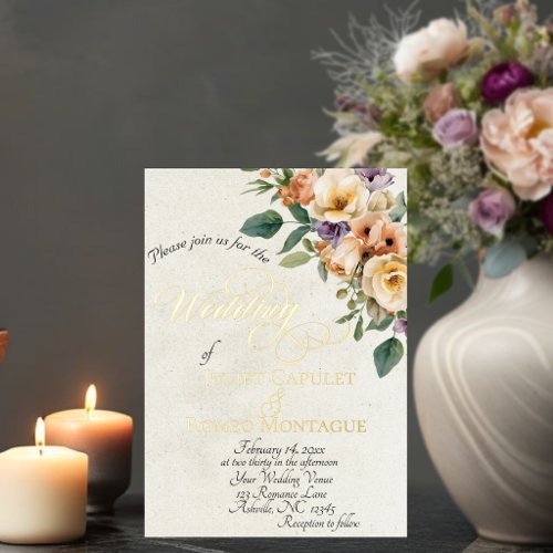 Cream Floral &amp; Wreath Monogram - Cream Foil Invitation