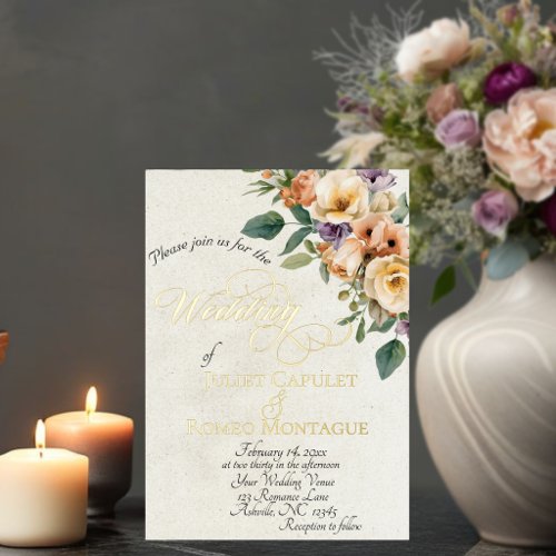 Cream Floral & Wreath Monogram - Cream Foil Invitation