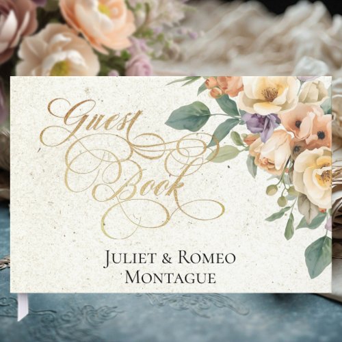 Cream Floral &amp; Wreath Monogram - Cream Guest Book