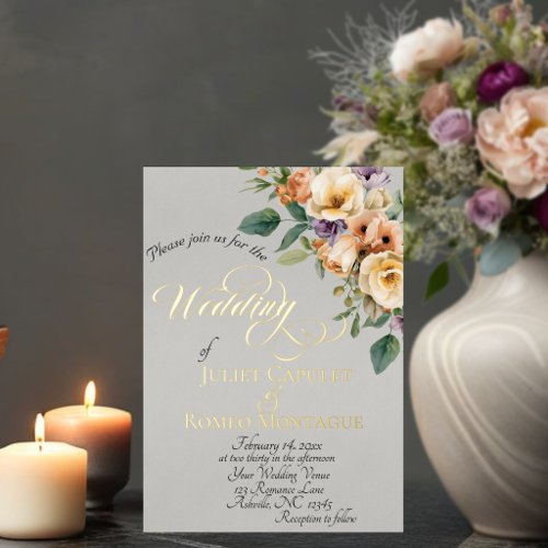 Cream Floral &amp; Wreath Monogram - Lt Grey Foil Invitation