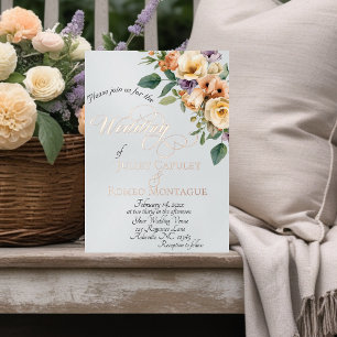 Cream Floral & Wreath Monogram - Pearl White Foil Invitation