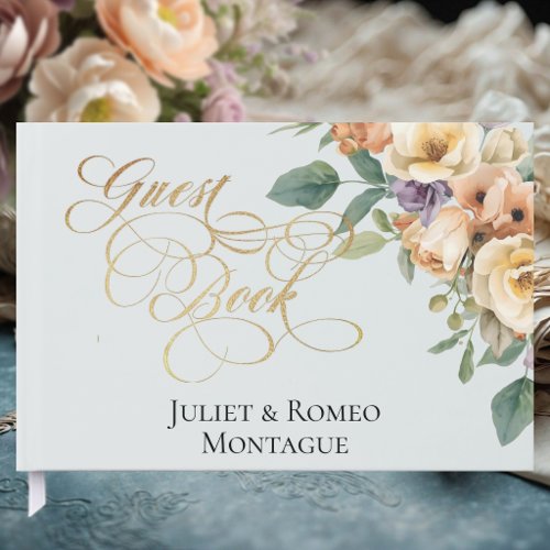 Cream Floral &amp; Wreath Monogram - Pearl White Guest Book