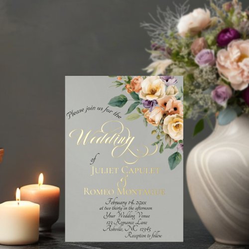 Cream Floral &amp; Wreath Monogram - Sage Foil Invitation