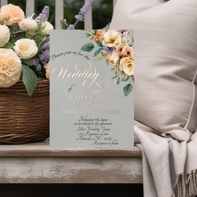 Cream Floral & Wreath Monogram - Sage Foil Invitation (Creator Uploaded)