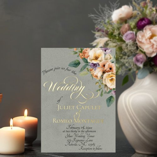 Cream Floral & Wreath Monogram - Sage Foil Invitation