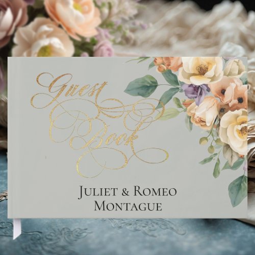 Cream Floral &amp; Wreath Monogram - Sage Guest Book