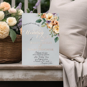 Cream Floral & Wreath Monogram - Silver Foil Invitation