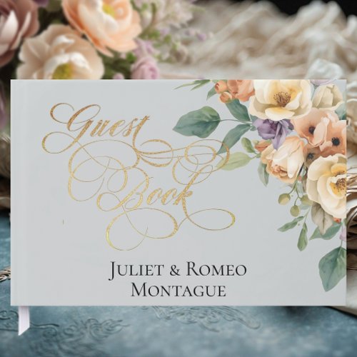 Cream Floral &amp; Wreath Monogram - Silver Guest Book