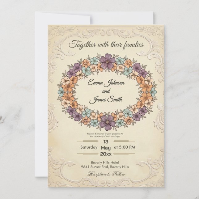 Cream Floral Wreath Wedding Invitation (Front)