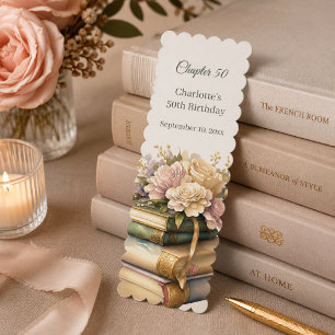 Cream florals book stack Chapter 50 birthday favor Bookmarks