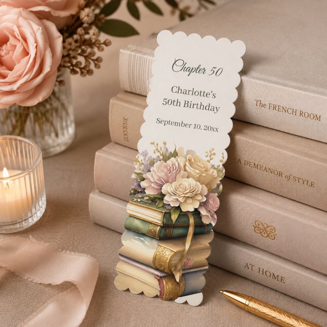 Cream florals book stack Chapter 50 birthday favor Bookmarks (Creator Uploaded)