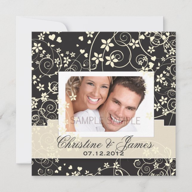 Cream florals on black with your photo invitation (Front)