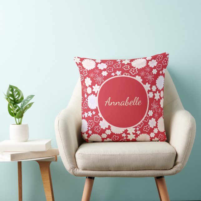 CREAM FLOWER BOUQUET FLORAL PATTERN RED WITH TEXT THROW PILLOW (Chair)