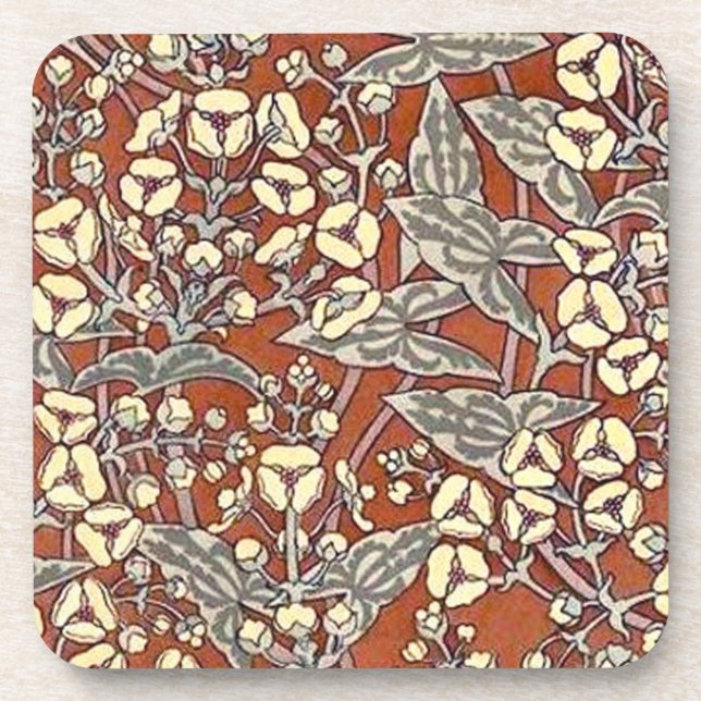 cream flowers brown background print beverage coaster (Front)