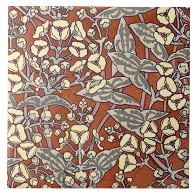 cream flowers brown background print ceramic tile (Front)