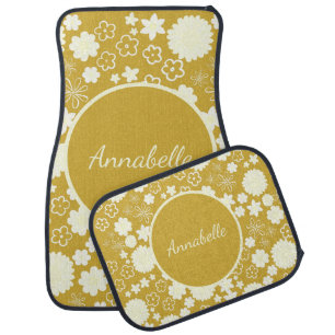 Cream Flowers in Gold Floral Pattern Custom Named Car Floor Mat