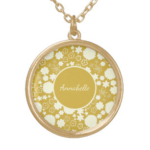 Cream Flowers in Gold Floral Pattern Custom Named Gold Plated Necklace