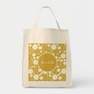 Cream Flowers in Gold Floral Pattern Custom Named  Tote Bag