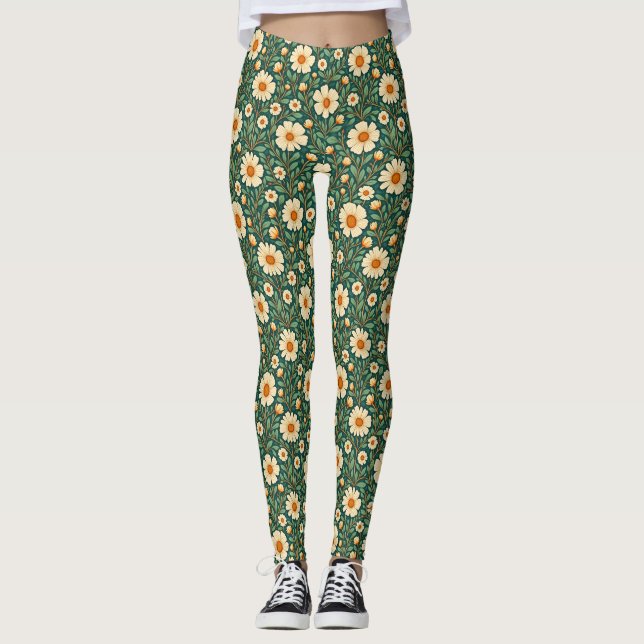 Cream Flowers on Green Leggings (Front)
