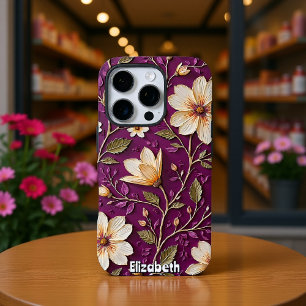 Cream Flowers on Textured Purple iPhone 16 Pro Case