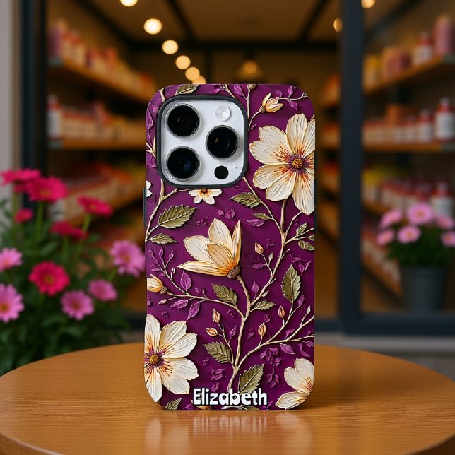 Cream Flowers on Textured Purple Case-Mate iPhone Case (Creator Uploaded)