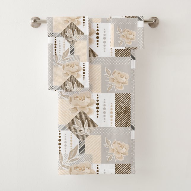 Cream flowers on white bath towel set (Insitu)