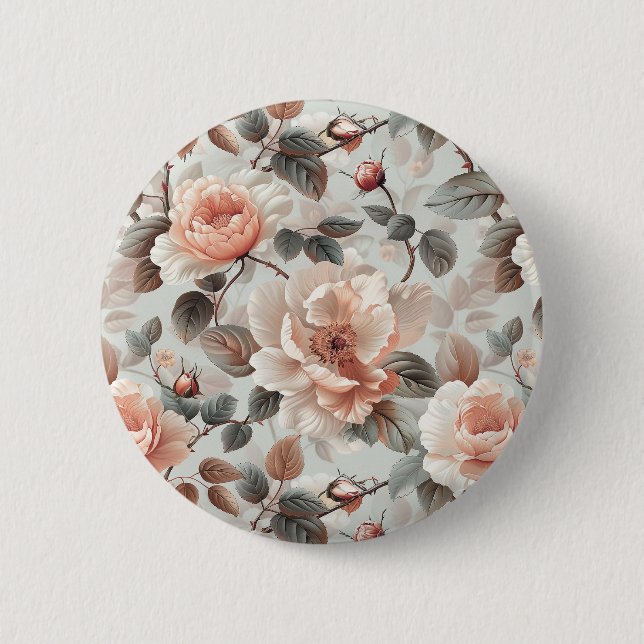 Cream flowers with grey leaves on a light grey  button (Front)