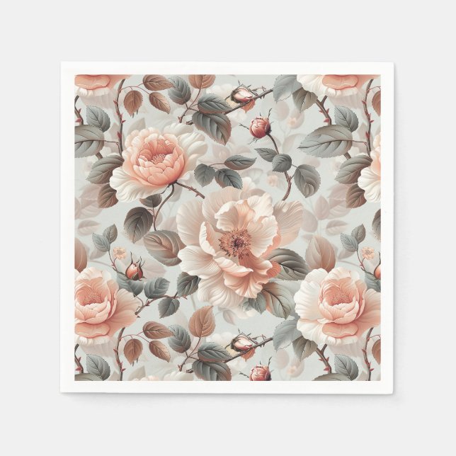 Cream flowers with grey leaves on a light grey  napkins (Front)