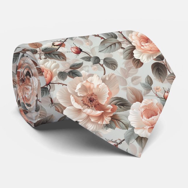 Cream flowers with grey leaves on a light grey  neck tie (Rolled)