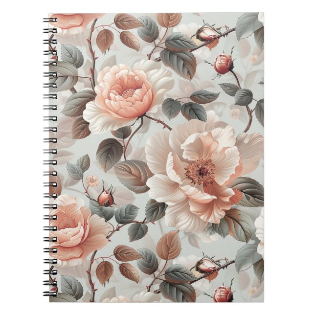 Cream flowers with grey leaves on a light grey  notebook (Front)