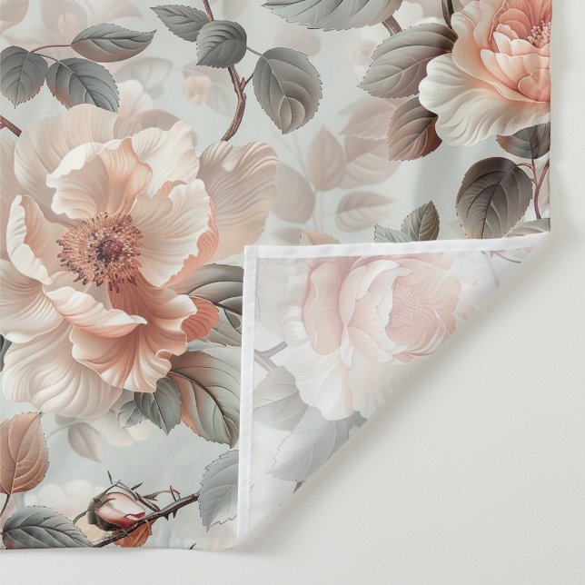 Cream flowers with grey leaves on a light grey  tapestry (Detail)