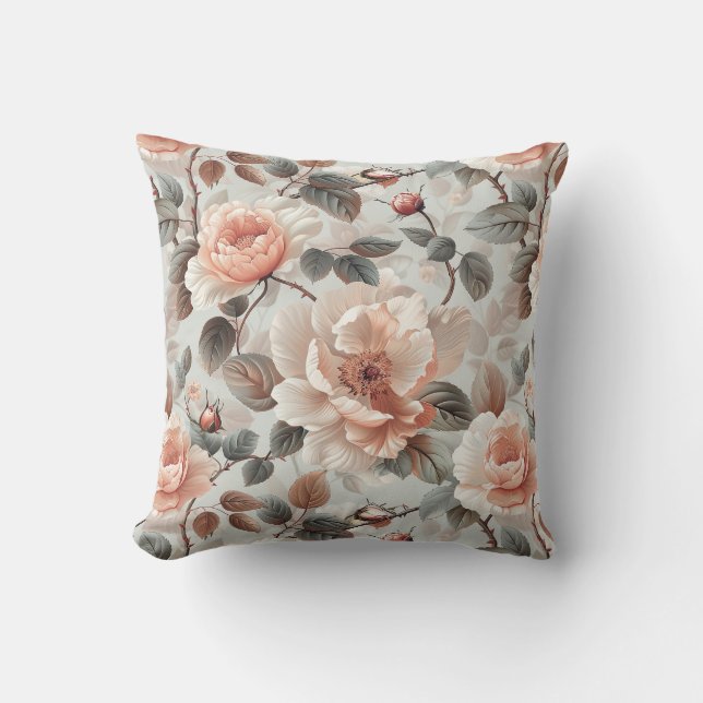 Cream flowers with grey leaves on a light grey  throw pillow (Front)