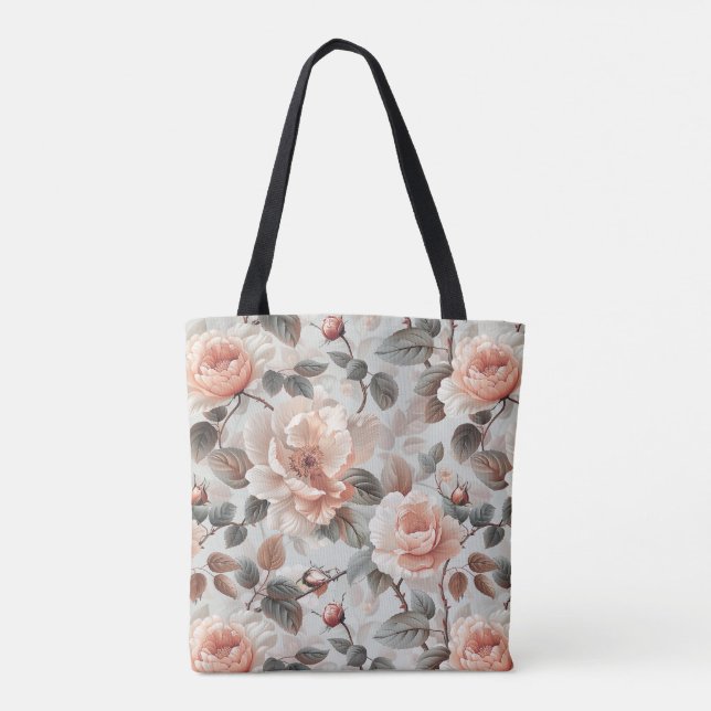 Cream flowers with grey leaves on a light grey  tote bag (Back)