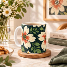 Cream Flowers with Red Centers & Green Leaves