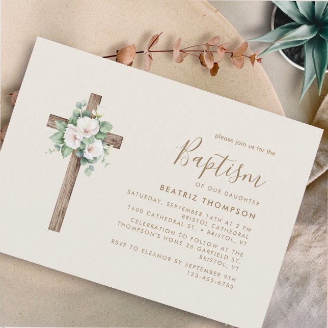Cream Flowery Cross Modern Script Baptism  Invitation (Creator Uploaded)
