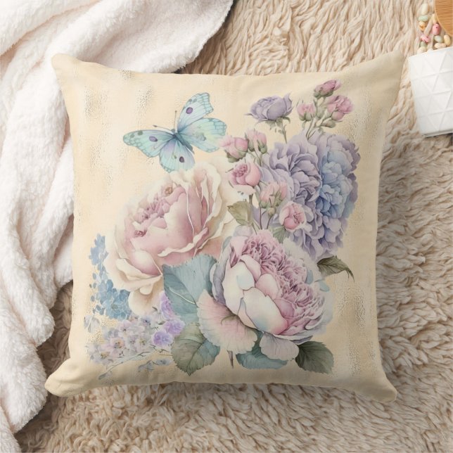 Cream Foil Lavender and Pink Peonies and Butterfly Throw Pillow (Blanket)