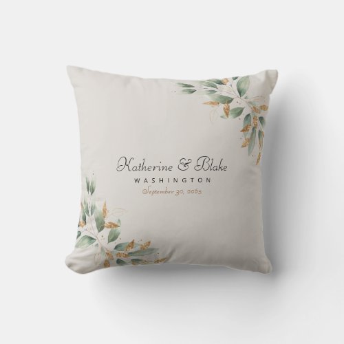 Cream Foliage  Gold Custom Names Wedding Throw Pillow