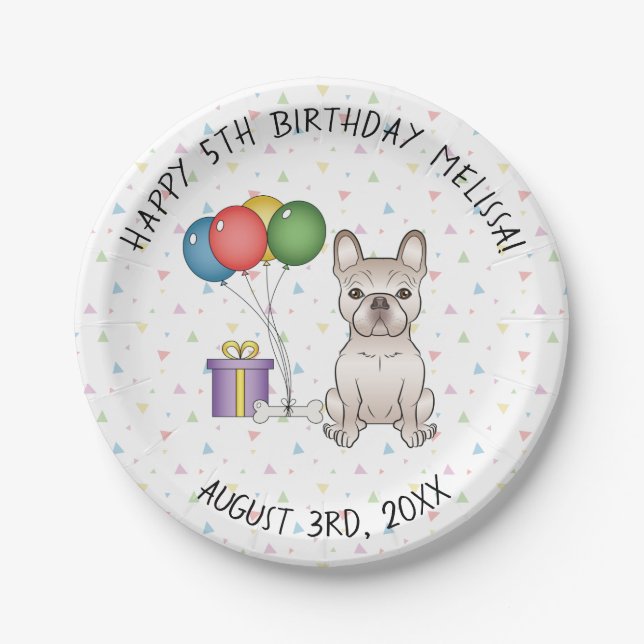 Cream French Bulldog Cute Cartoon Dog Birthday Paper Plates (Front)
