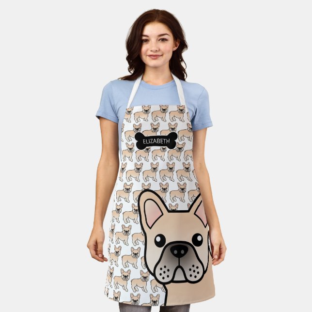 Cream French Bulldog Cute Cartoon Dog & Name Apron (Worn)