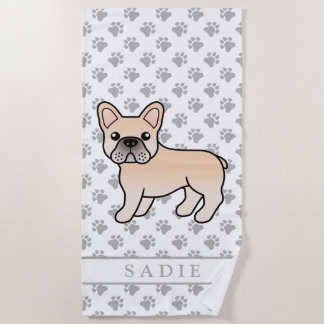 Cream French Bulldog Cute Cartoon Dog &amp; Name Beach Towel