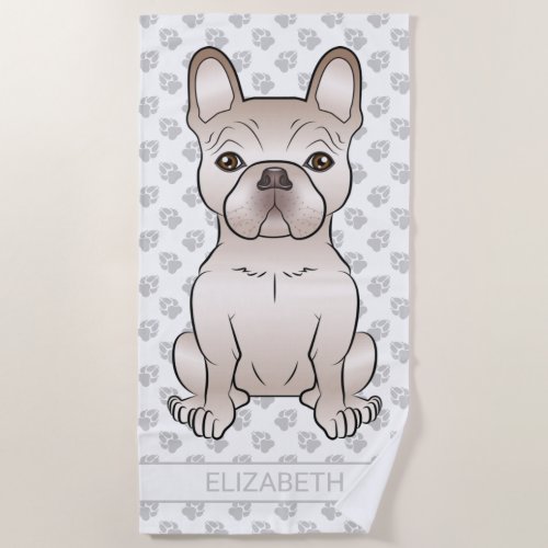 Cream French Bulldog Dog With Paws  Name Beach Towel