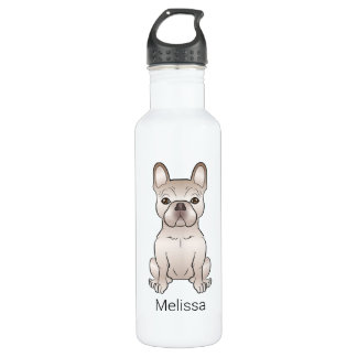 Cream French Bulldog / Frenchie Dog &amp; Custom Name Stainless Steel Water Bottle