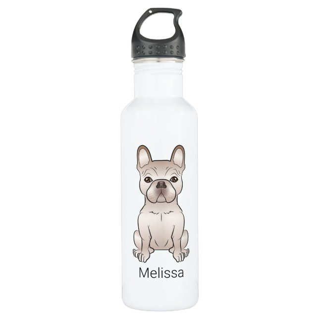 Cream French Bulldog / Frenchie Dog & Custom Name Stainless Steel Water Bottle (Front)