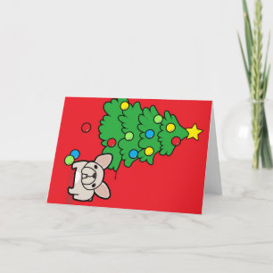 Cream Frenchie with Christmas Tree on Red Holiday Card