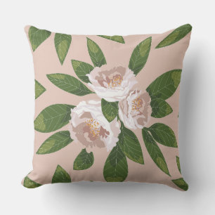 Cream Garden Harmony: Camellias and Greenery Throw Pillow